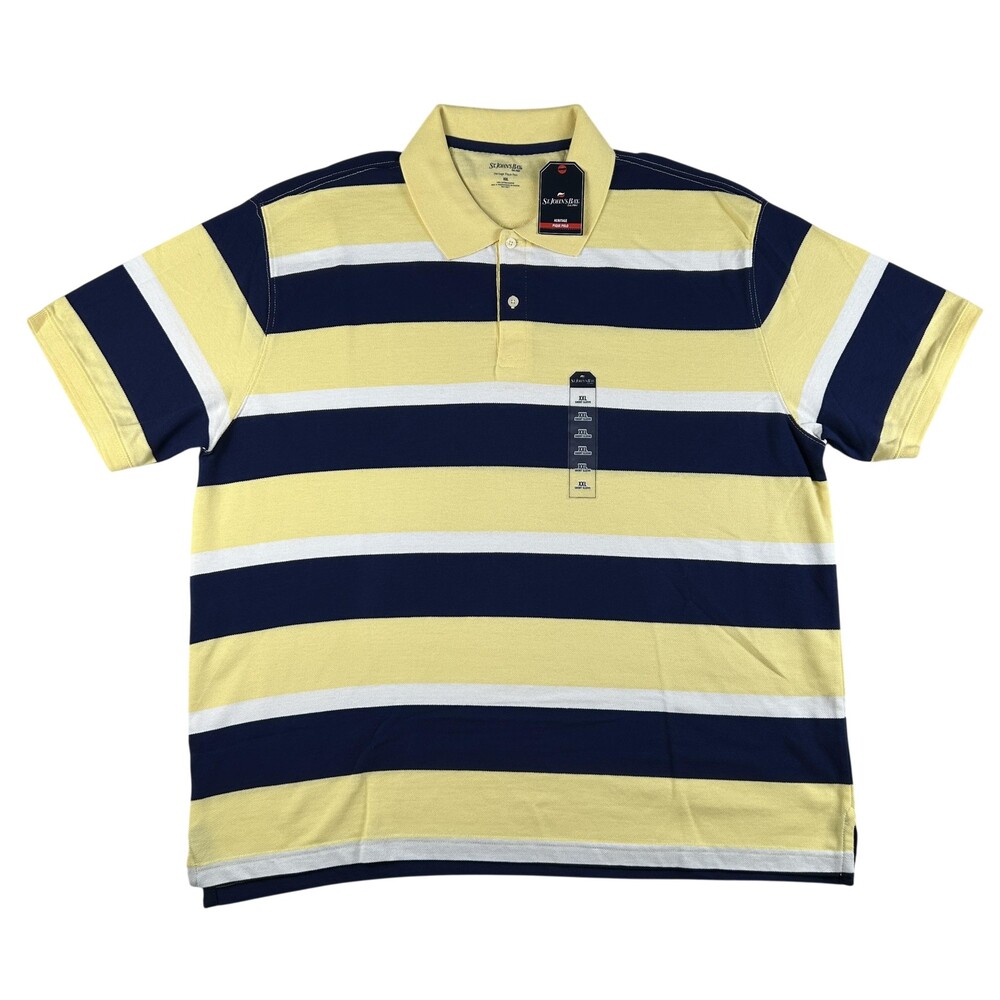 St. John's Bay Shirt Mens 2XL Yellow Navy Striped Heritage Pique Polo Cotton